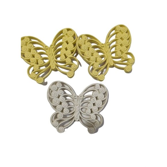 Vintage Burwood Butterfly Wall Decor Set Of 3 Yellow & White Plastic Scroll Desi - Picture 5 of 6